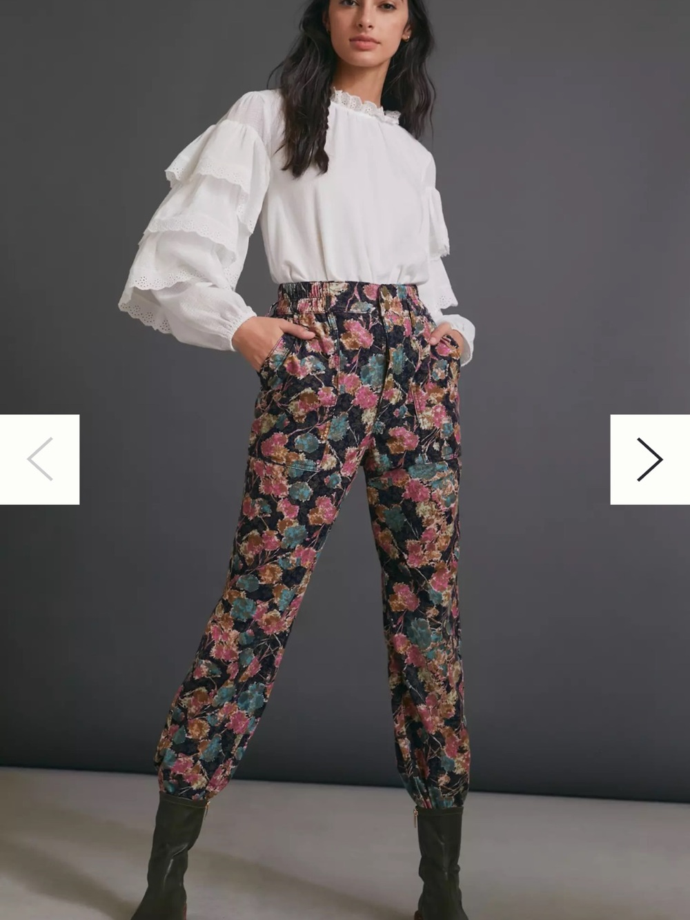 Anthropologie Anisa Floral High-Waist corduroy Jogger Pants - Black Multi